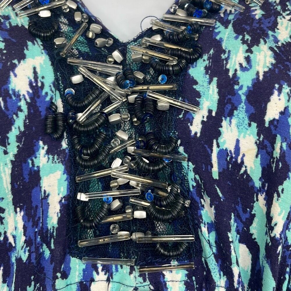Cabana Life Small Blue Print Beaded Drawstring Batwing Sleeve Swim Coverup Beach - Picture 3 of 10
